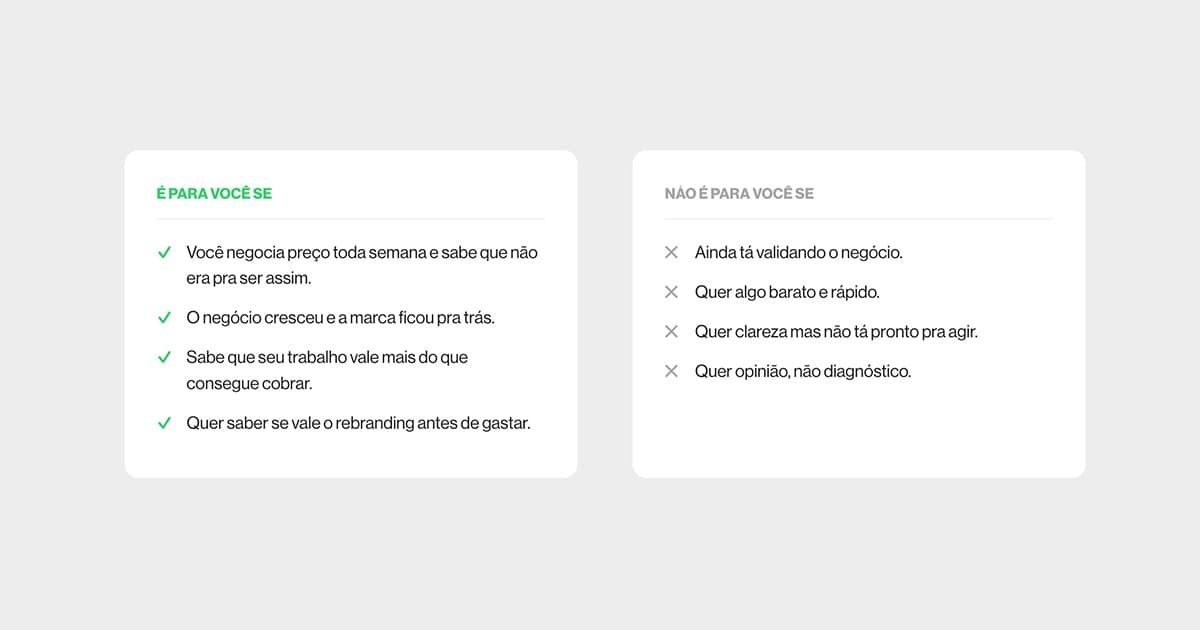 Dois cartões lado a lado sobre fundo cinza claro: um lista quem é indicado para o diagnóstico de marca, o outro lista quem não é, cada item marcado com certo ou errado.