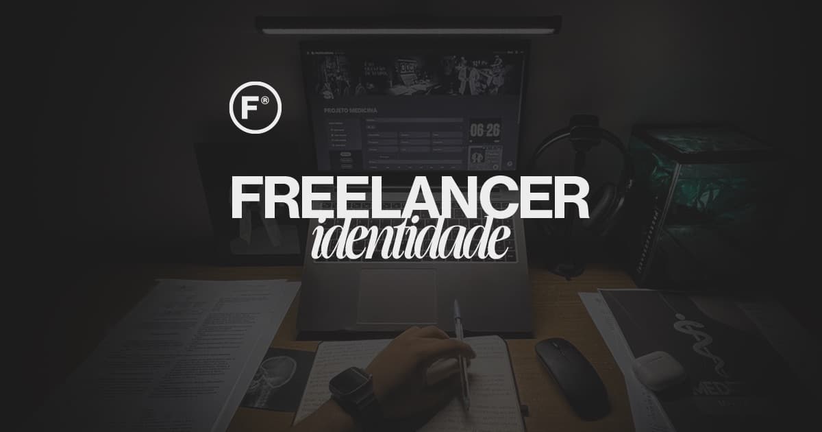 Freelancer organizando materiais de identidade visual: proposta comercial, perfil de rede social e assinatura de e-mail lado a lado.