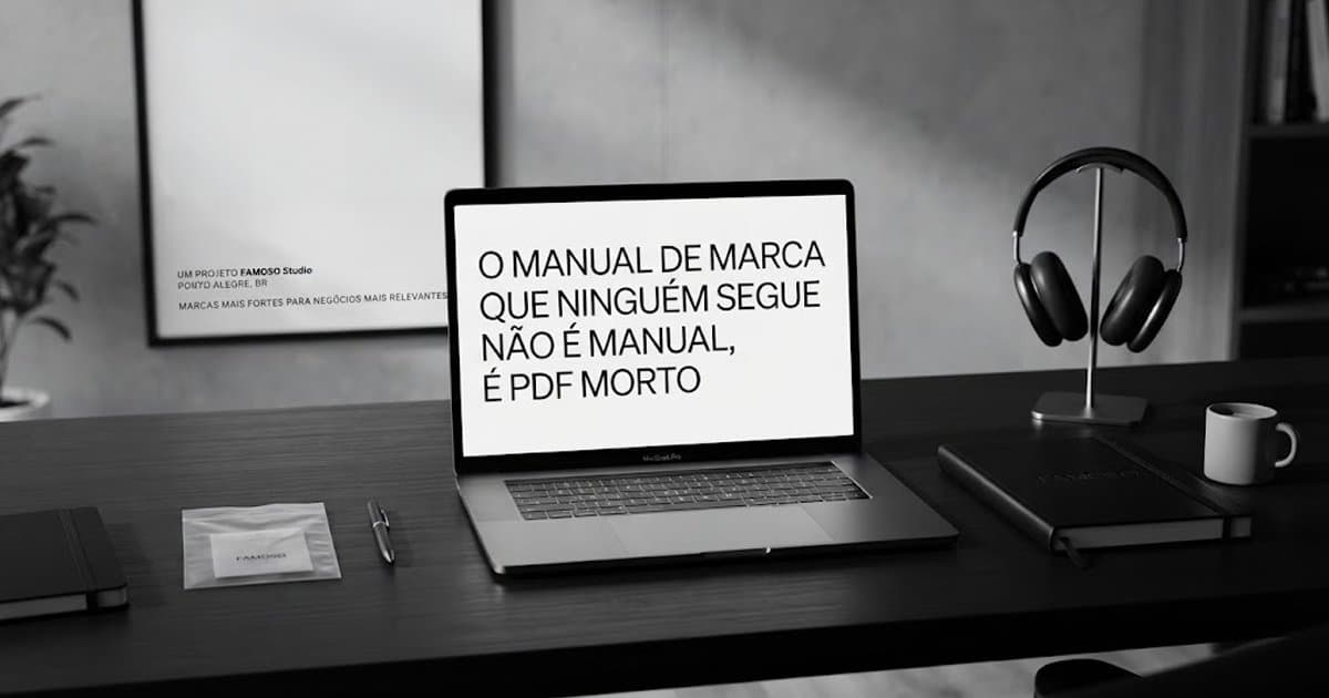 Laptop em cima de mesa escura mostrando a frase 'O manual de marca que ninguém segue não é manual, é PDF morto', em ambiente preto e branco com fones de ouvido ao lado.