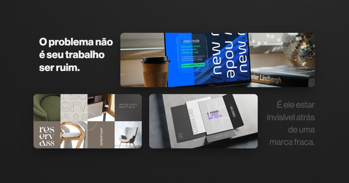 Mockups de projetos de marca lado a lado sobre fundo escuro: tela de laptop com interface de produto digital, moodboard de mobiliário boutique e cartões de identidade visual, com a frase 'O problema não é seu trabalho ser ruim'.