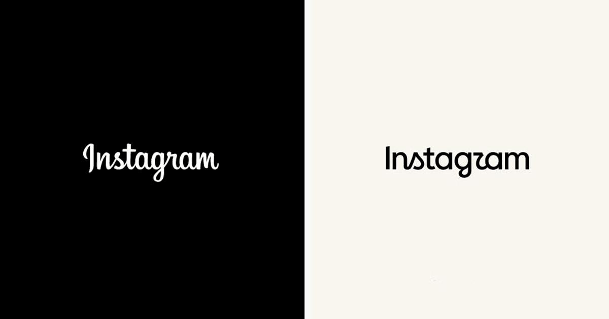 Comparação lado a lado do wordmark do Instagram: a versão script antiga em fundo preto à esquerda, a versão sans-serif atual em fundo claro à direita.