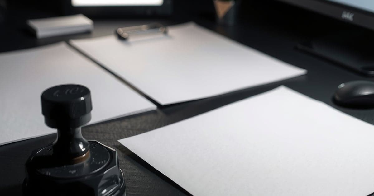 Carimbo preto ao lado de folhas de papel em branco sobre uma mesa de escritório escura.