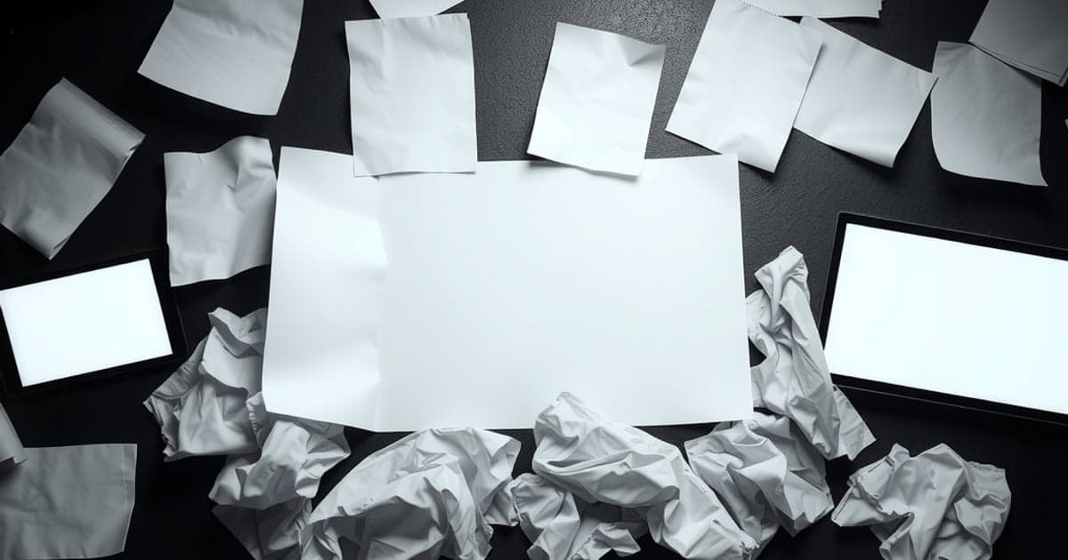 Mesa escura coberta de folhas de papel amassadas, com uma folha em branco e limpa no centro.