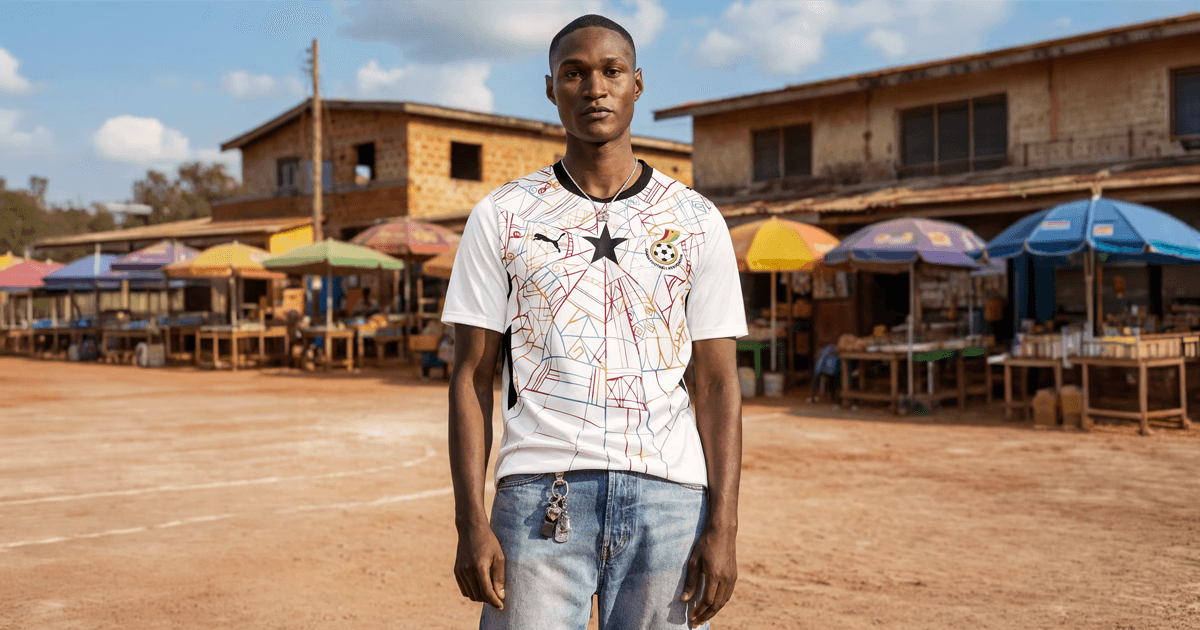 Camisa reserva de Gana na Copa 2026, amarelo-dourado com símbolos Adinkra e padrão Kente