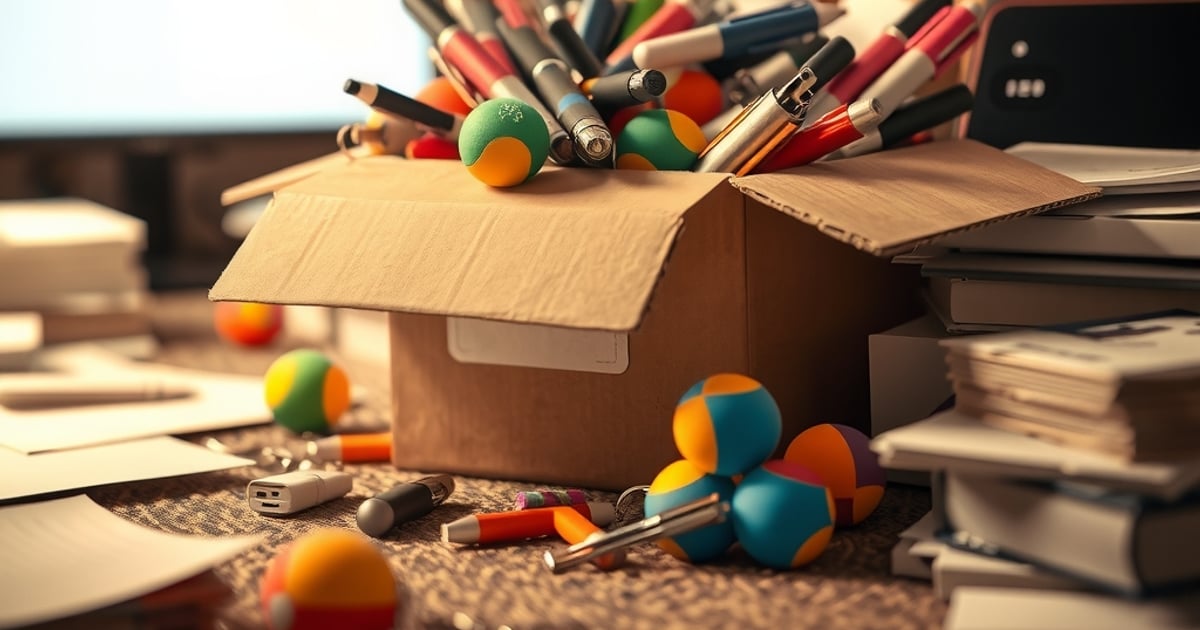 Caixa de papelão transbordando com canetas promocionais, chaveiros e bolinhas antiestresse, jogada no canto de um escritório bagunçado.