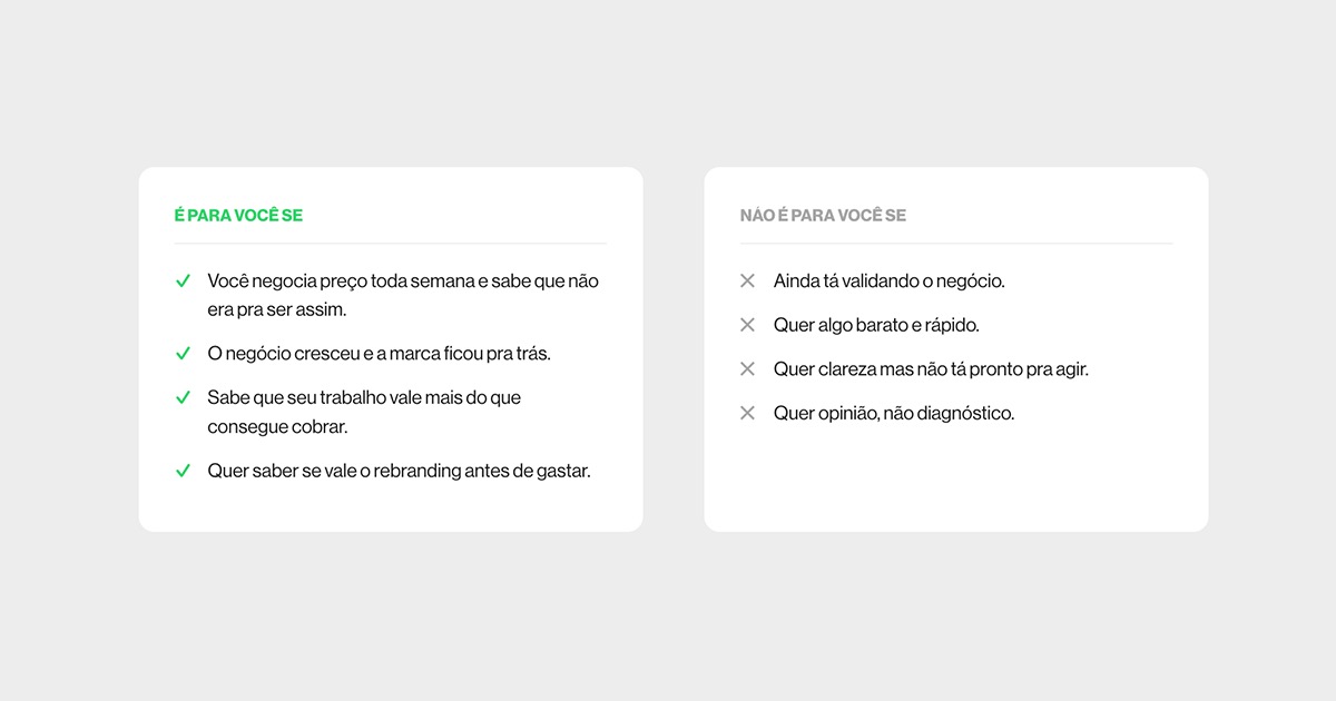 Dois cartões lado a lado sobre fundo cinza claro: um lista quem é indicado para o diagnóstico de marca, o outro lista quem não é, cada item marcado com certo ou errado.