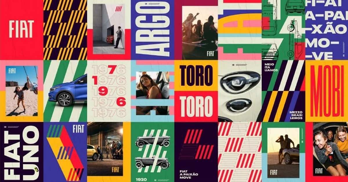 Colagem de peças de campanha publicitária da Fiat, misturando fotos de produto, tipografia e ilustração dos modelos Argo, Toro e Mobi