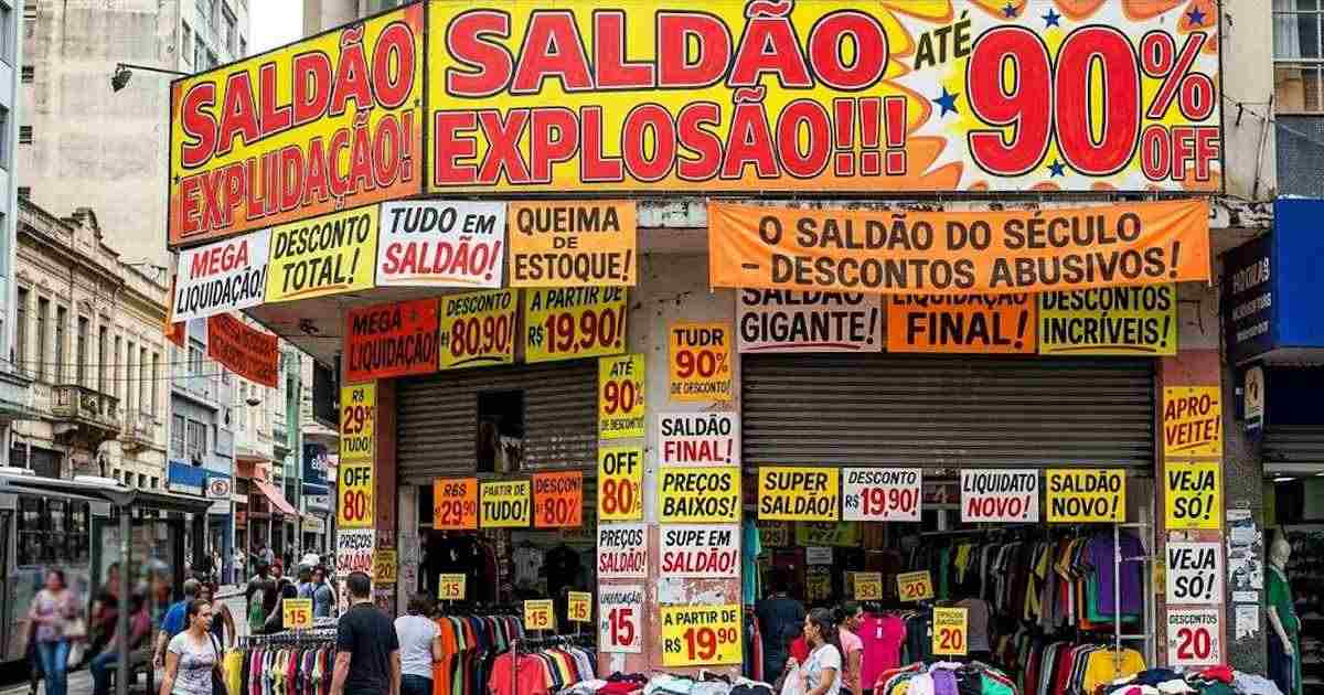 Fachada de loja de saldão com faixas e cartazes anunciando desconto de até 90%.