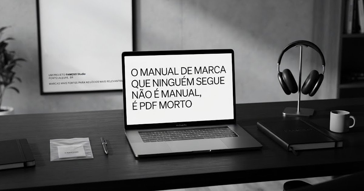 Laptop em cima de mesa escura mostrando a frase 'O manual de marca que ninguém segue não é manual, é PDF morto', em ambiente preto e branco com fones de ouvido ao lado.