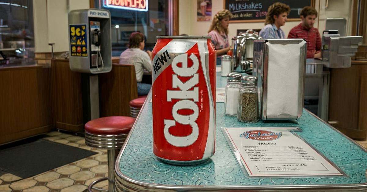 Lata da New Coke de 1985 sobre o balcão de uma lanchonete americana da época, com clientes ao fundo