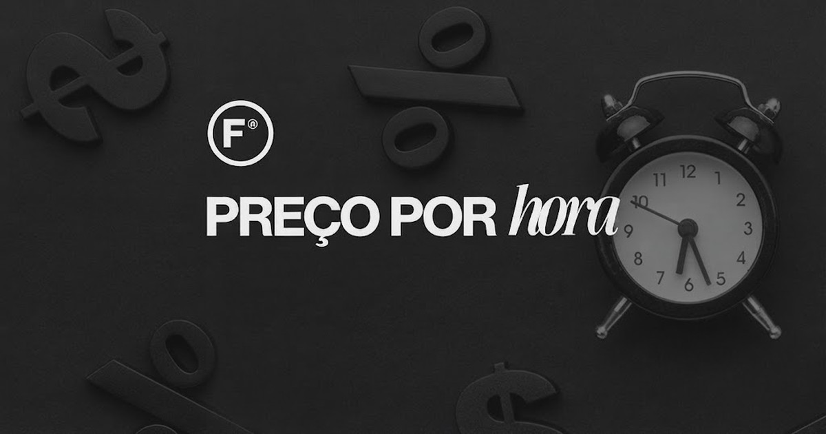 Composição escura com símbolos de cifrão e porcentagem em relevo, um despertador analógico e o texto 'Preço por hora' ao lado da marca F.