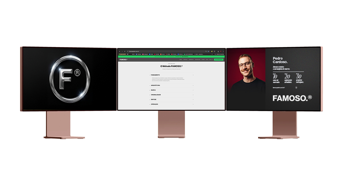 Mockup de telas mostrando o processo e o método FAMOSO de criação de identidade visual
