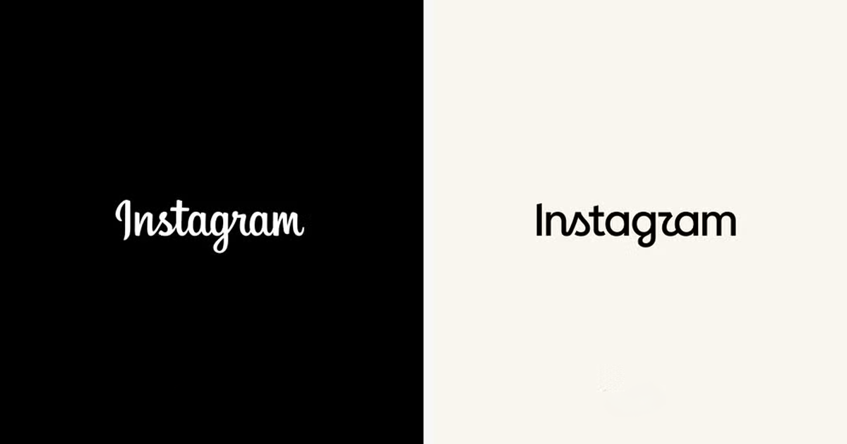Comparação lado a lado do wordmark do Instagram: a versão script antiga em fundo preto à esquerda, a versão sans-serif atual em fundo claro à direita.