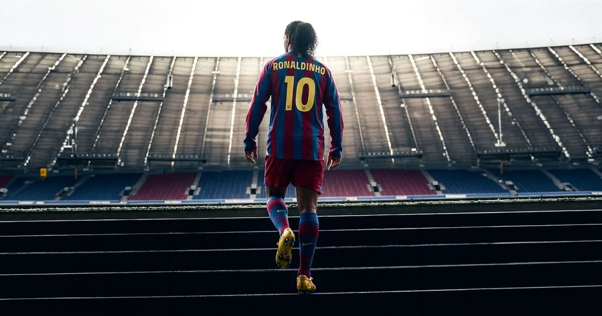 Ronaldinho Gaúcho de costas, com a camisa 10 do Barcelona, entrando em campo em um estádio vazio
